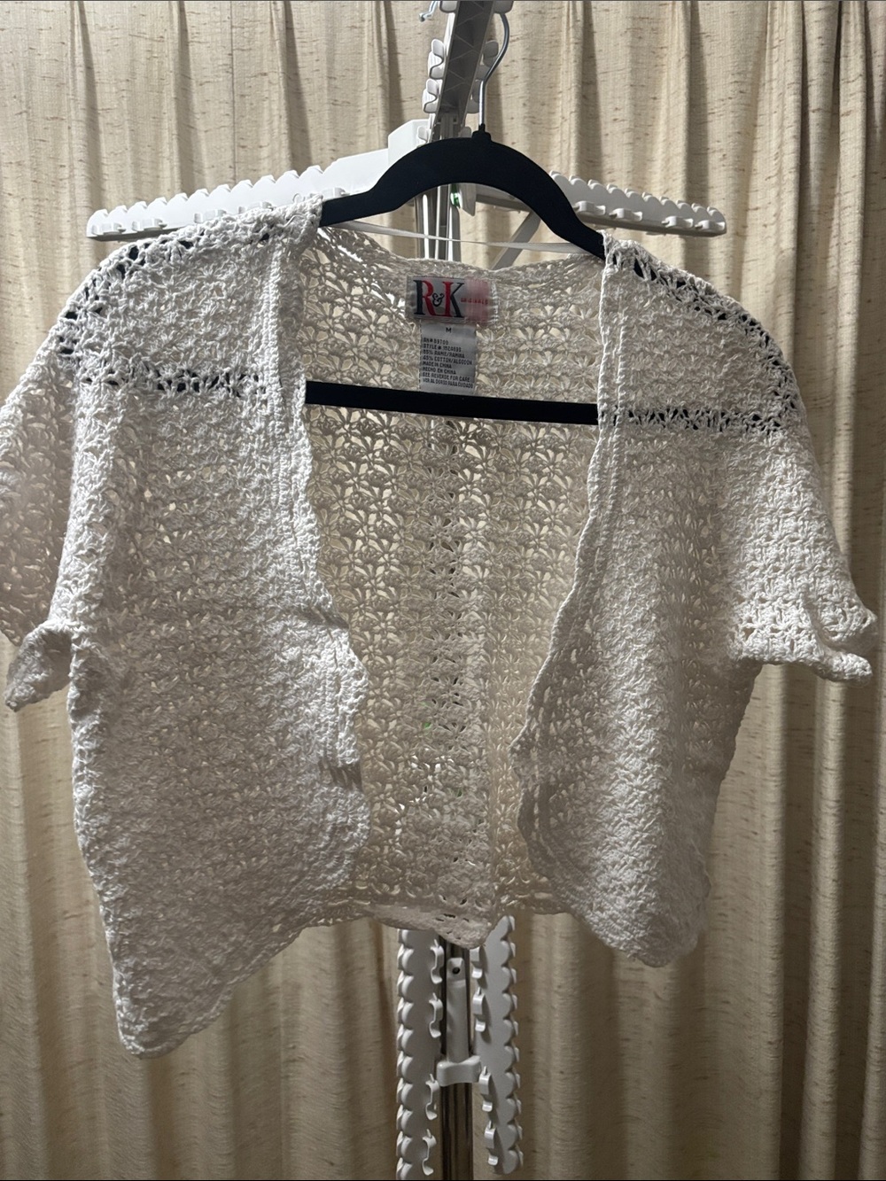 R&K White Open Crochet Short-Sleeve Shrug